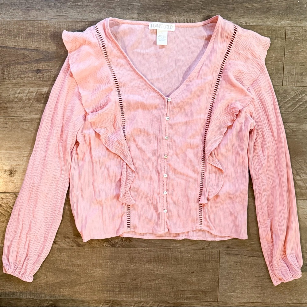 Light Pink Ruffle Trim Button Front Blouse Boho Cottagecore Top Size Juniors L